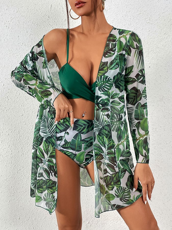 Sexy printed three-piece bikini sunscreen swimsuit cover-up