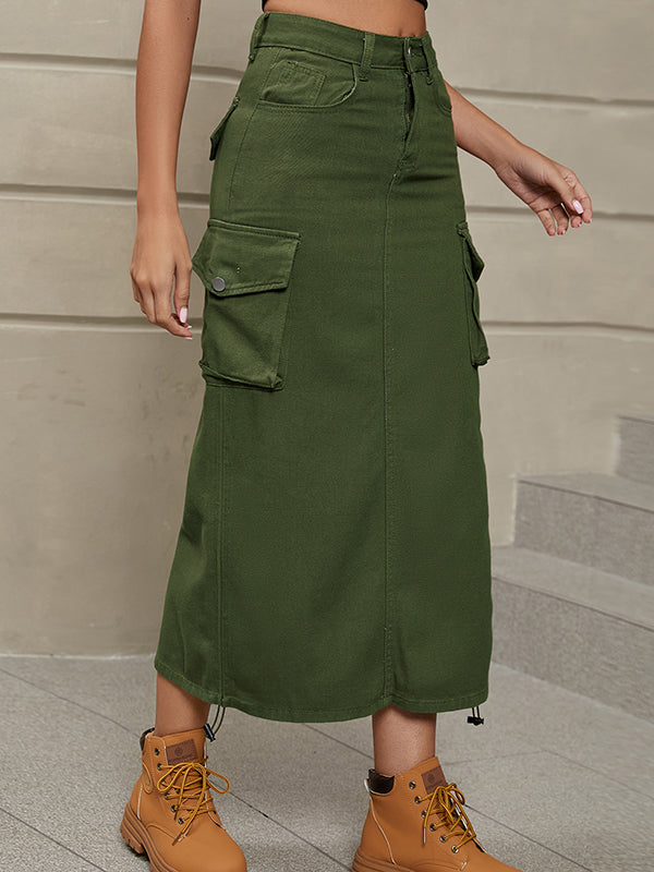 Buttoned Drawstring Pockets Solid Color Split-Side A-Line Skirts Bottoms