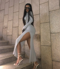 Amelia Nude Long Sleeve High Slit Midi Dress