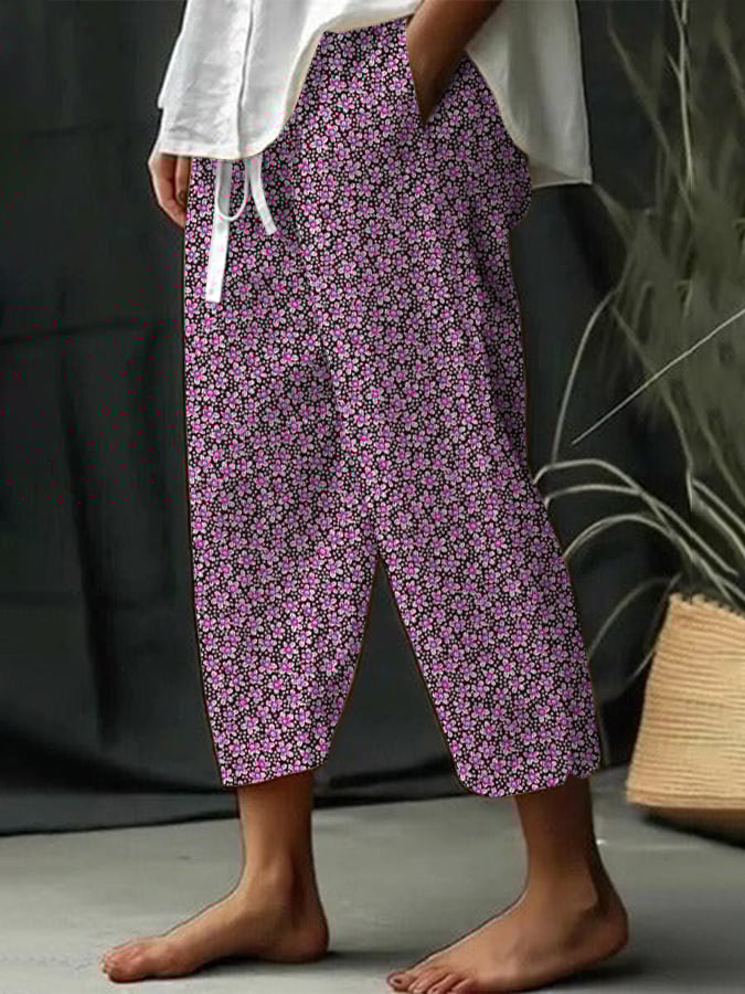 Women's Botanical Floral Design Print Lace-Up With Elastic Waist Loose Casual Pants