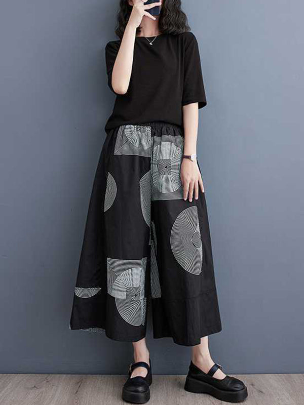 Elasticity Printed High Waisted Loose Pants Cropped Trousers