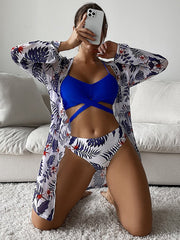 Three Piece Chiffon Floral Smock Bikini Swimsuit