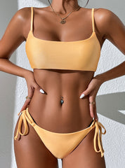 Solid Color Lace-up Split Swimsuit