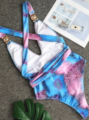 Leopard Print V-neck Crystal Diamond One-piece Swimsuit