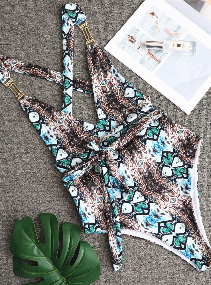Sexy Snake Print Strap One-piece Swimsuit