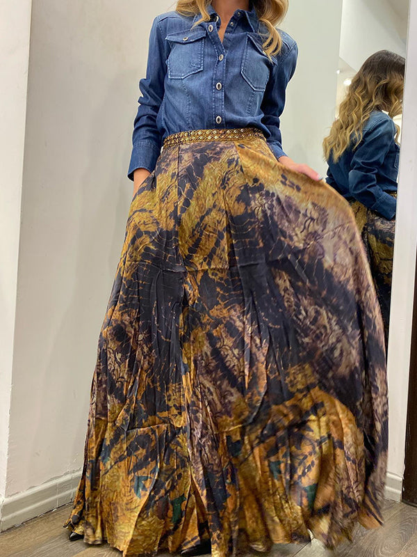 Contrast Color Flower Print Loose Wrap Skirts Bottoms