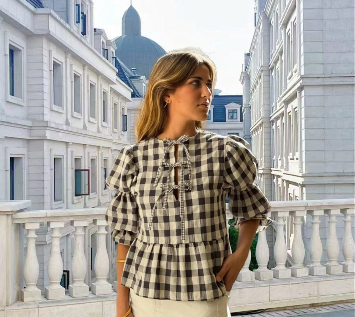 Women's Fashion Casual Plaid Hollow Out Tied Puff Sleeve Shirt