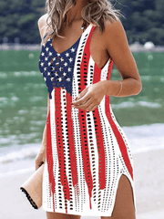 Women's American Flag Hollow Out Slit Crochet Cover Up Dress