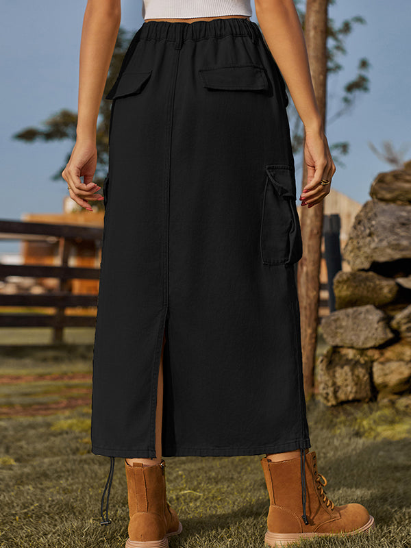 Drawstring Elasticity Pockets Solid Color Split-Back A-Line Loose Skirts Bottoms