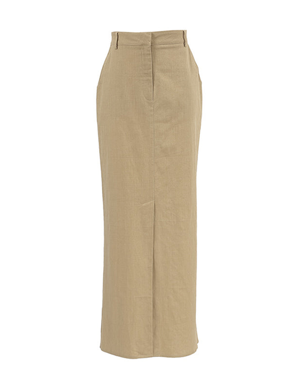No Belt Pockets Solid Color Split-front Bodycon High Waisted Skirts Bottoms