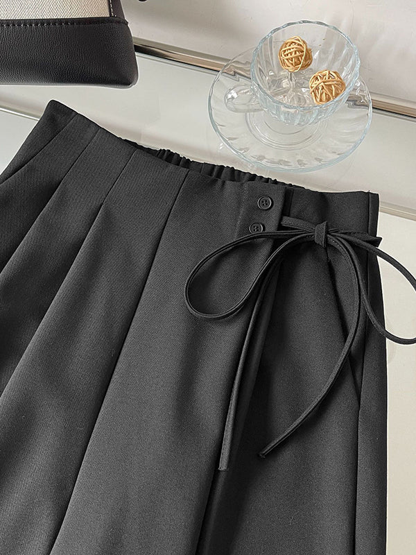 Lace-Up Pleated Solid Color Split-Joint High Waisted Loose Trousers Suit Pants