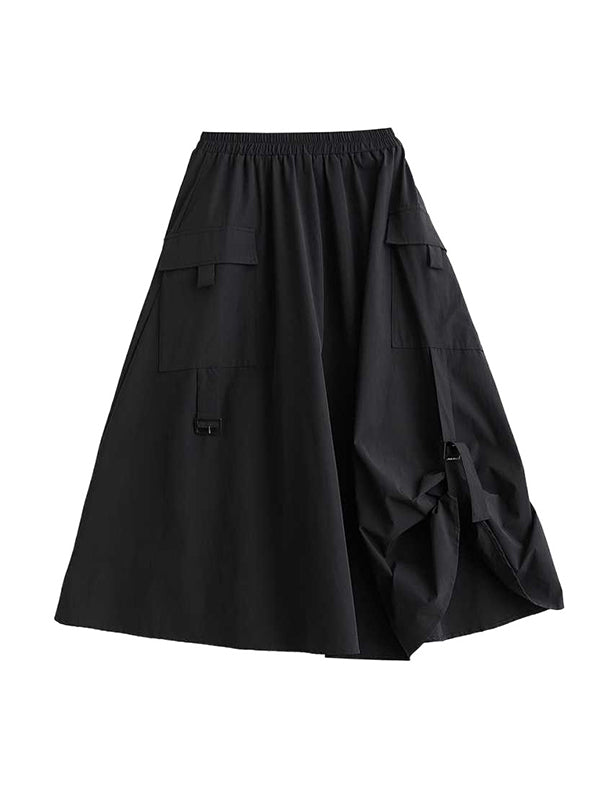 Elasticity Pleated Pockets Solid Color Split-Joint A-Line Loose Skirts Bottoms