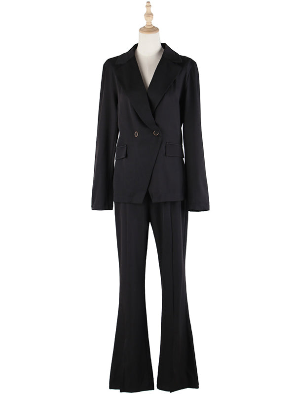 Office Solid Lapel Collar Two Pieces Set