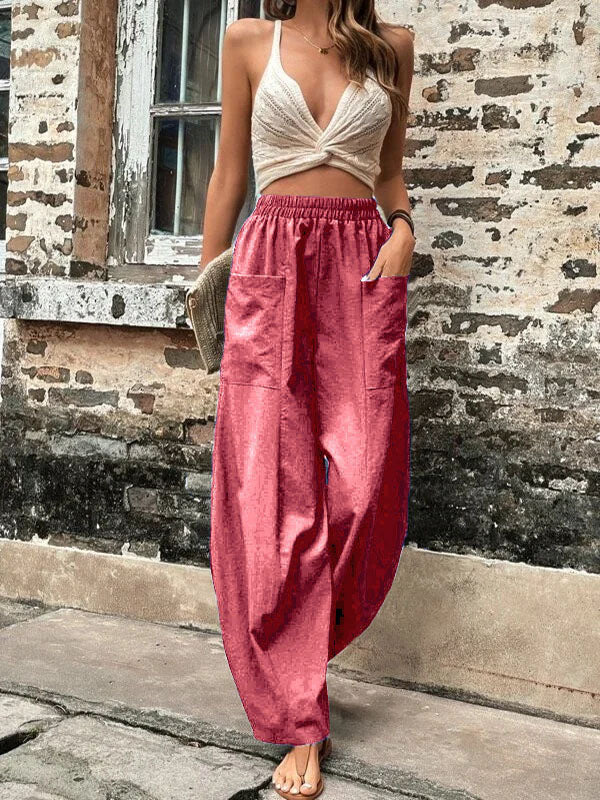 Elasticity Pockets Solid Color Loose Plus Size Pants