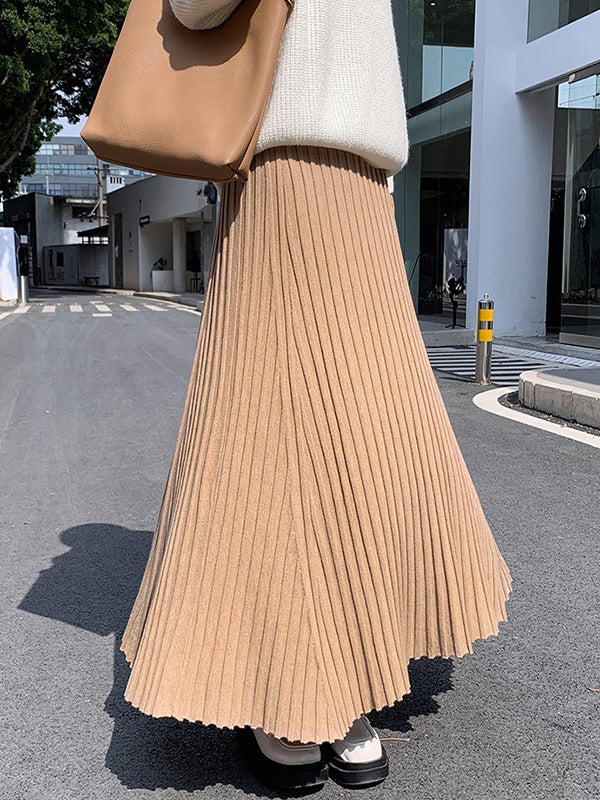 Pleated Solid Color A-Line High Waisted Skirts Bottoms