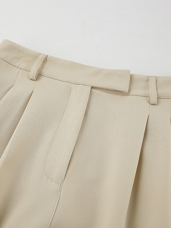 Pleated Pockets Solid Color High Waisted Loose Trousers Suit Pants