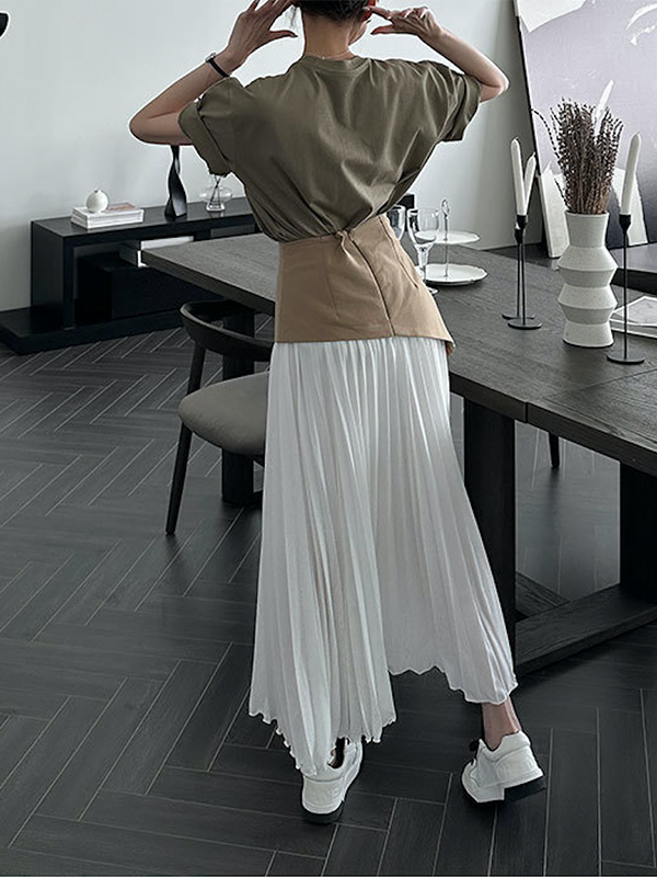 Contrast Color Pleated Split-Joint A-Line Loose Skirts Bottoms