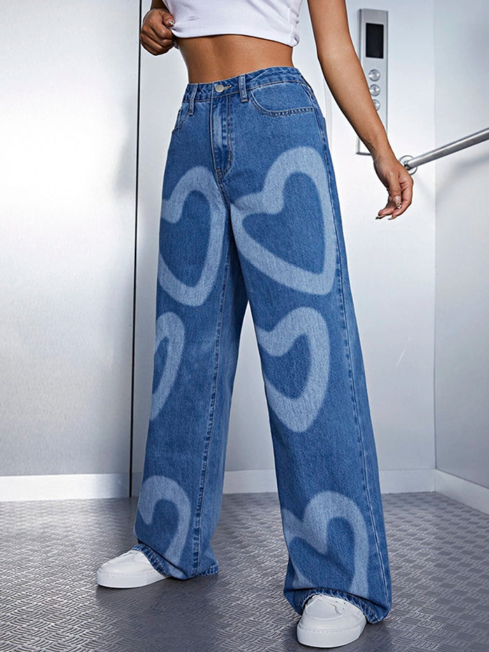 Urban Wide Leg Heart Shape Printed Jean Pants Bottoms