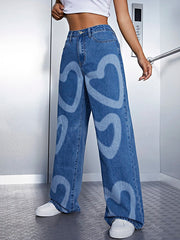 Urban Wide Leg Heart Shape Printed Jean Pants Bottoms