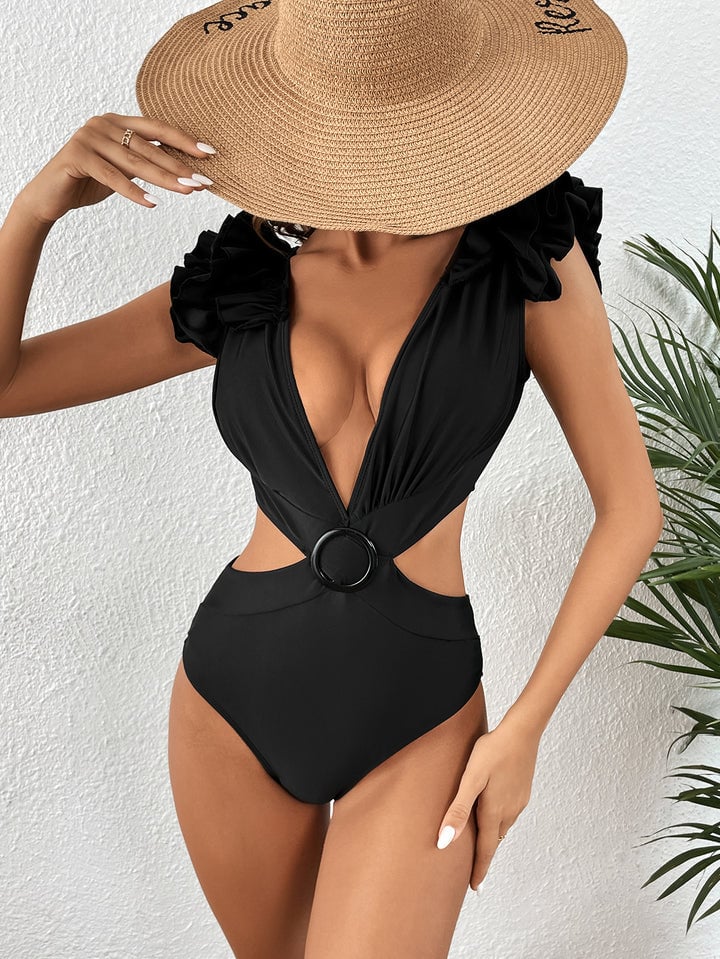 Ruffled Backless Tie High Waist Solid One-Piece Swimsuit