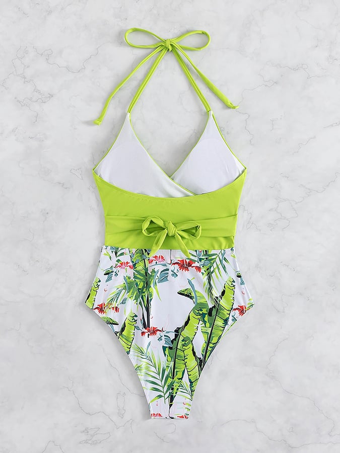 Printed Cross Tie Neck Split Swimsuit