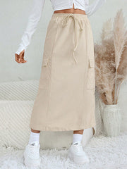 Drawstring Pockets Solid Color Split-Back Split-Joint A-Line Loose Skirts Bottoms