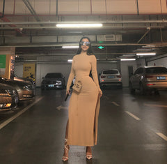 Amelia Nude Long Sleeve High Slit Midi Dress