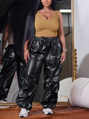 Drawstring Elasticity Pockets Split-Joint High Waisted Loose Trousers Pants
