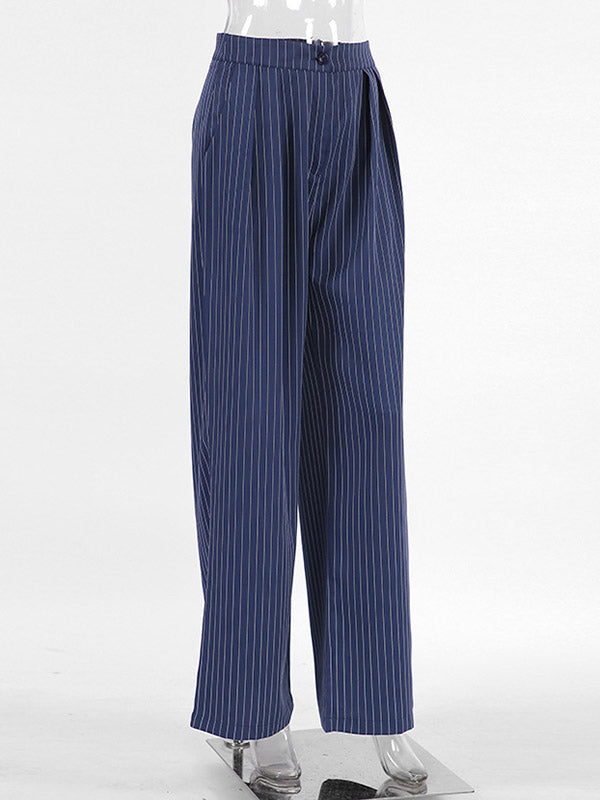 Buttoned Striped High Waisted Wide Pants Trousers Pants