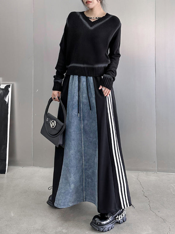Contrast Color Drawstring Split-Joint Striped A-Line Loose Skirts Bottoms