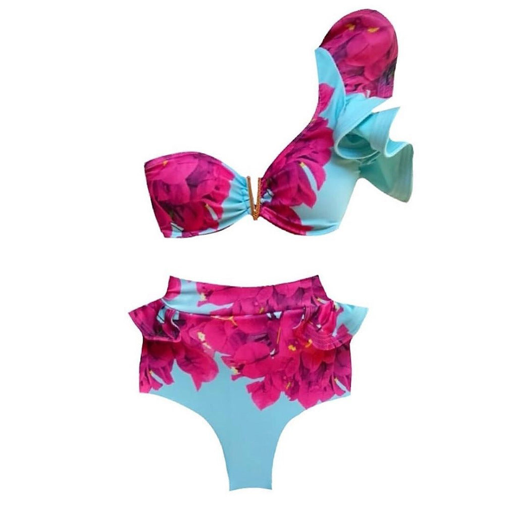 Ruffled High Waist Split Bikini Swimsuit with Straps