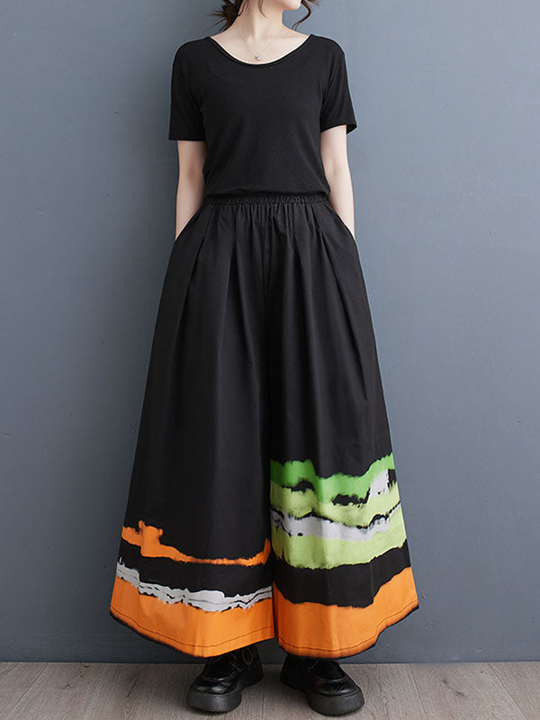 Asymmetric Elasticity High-Waisted Printed Loose Wide Leg Trousers Pants