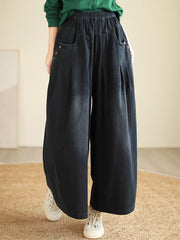Elasticity Pleated Loose Wide Pants Jean Pants Bottoms Flared Trousers