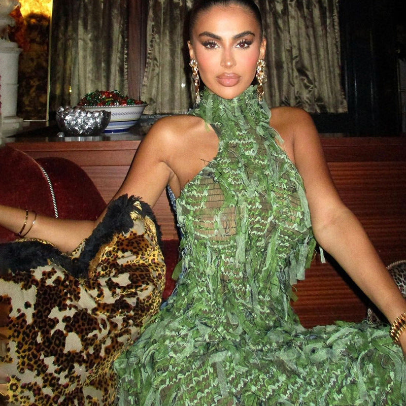 SORA Shaggy Green Halter Midi Dress