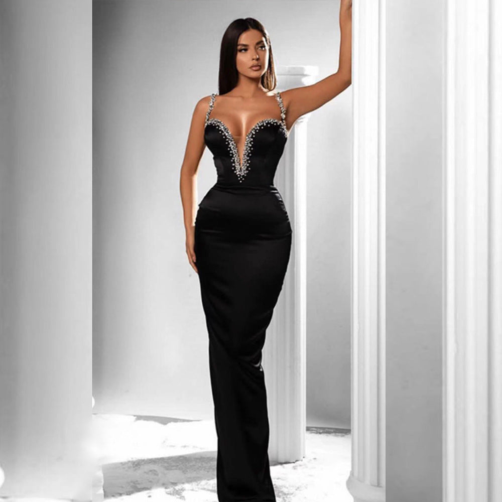 European And American Women's Clothing Sexy Heavy Industry Rhinestone Deep V-neck Mesh Camisole Dress