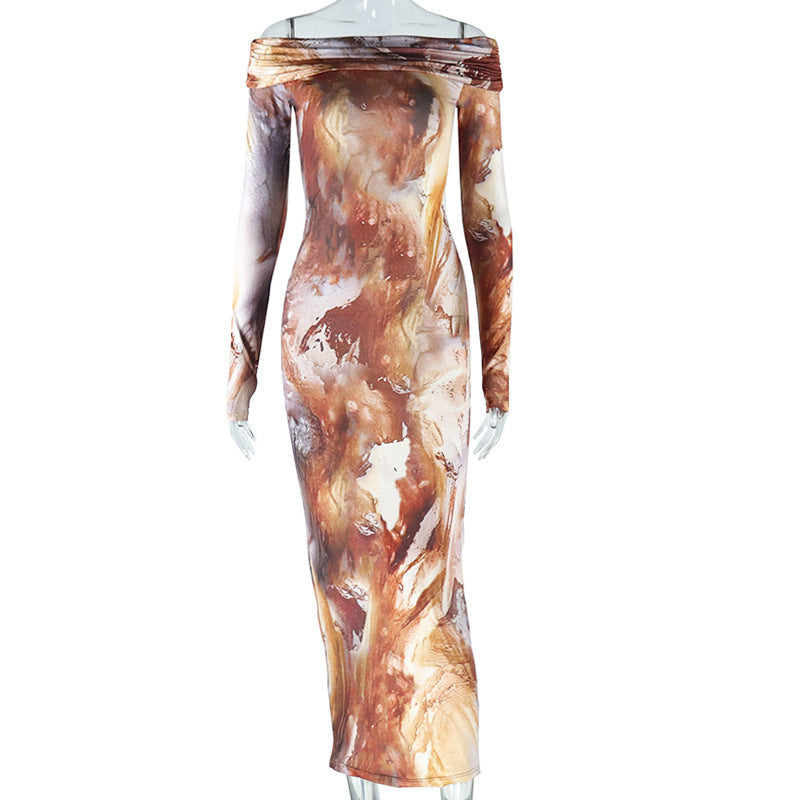 Off-Shoulder Abstract Print Layered Bodycon Maxi Dress