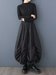 Elasticity Pleated Pockets Solid Color Loose Wide Leg Ninth Pants Culotte
