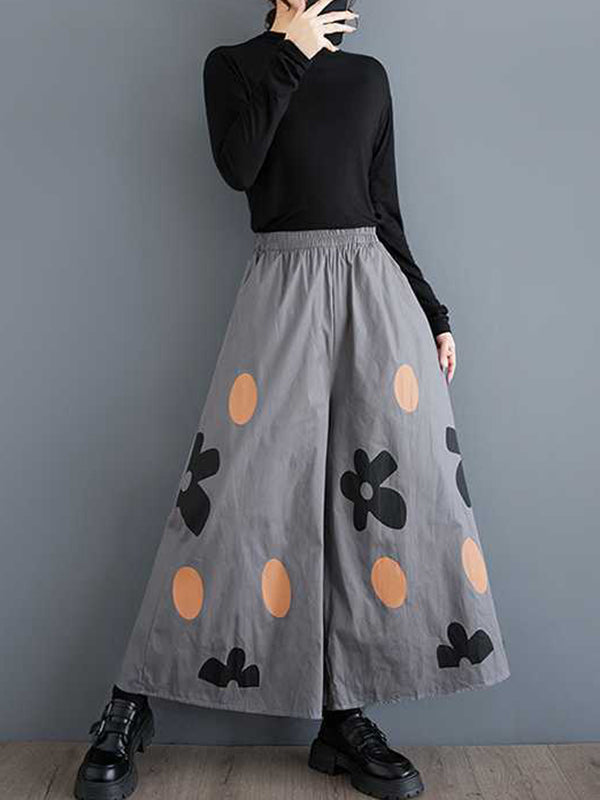 Elasticity Flower Print Pockets Loose Wide Leg Pants Culotte