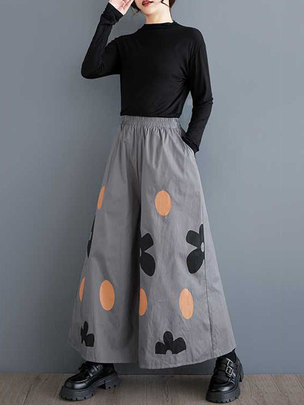 Elasticity Flower Print Pockets Loose Wide Leg Pants Culotte