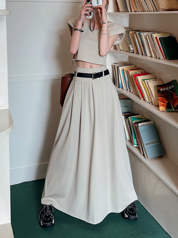 Belted Pleated Solid Color A-Line High Waisted Skirts Bottoms