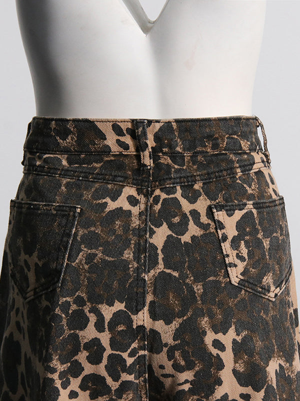 Leopard Printed Ripped Split-Joint High Waisted Loose Jean Pants Bottoms