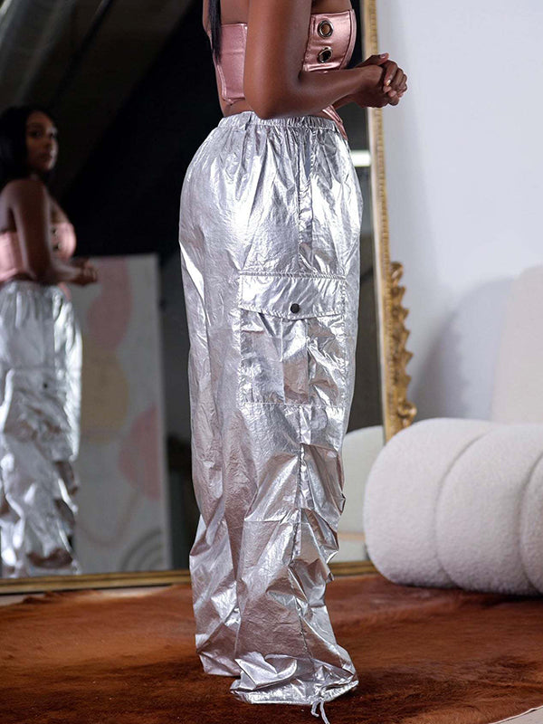 Drawstring Elasticity Pockets Split-Joint High Waisted Loose Trousers Pants