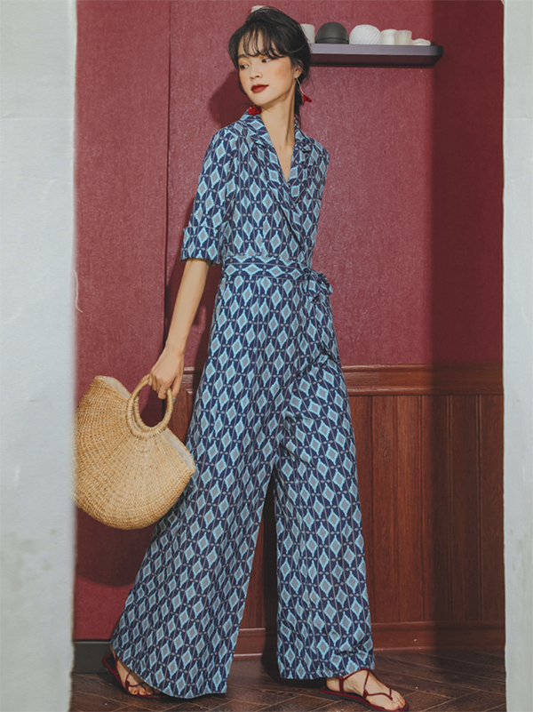 Vacation Loose Floral Printed Lapel Collar Jumpsuit