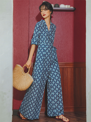Vacation Loose Floral Printed Lapel Collar Jumpsuit