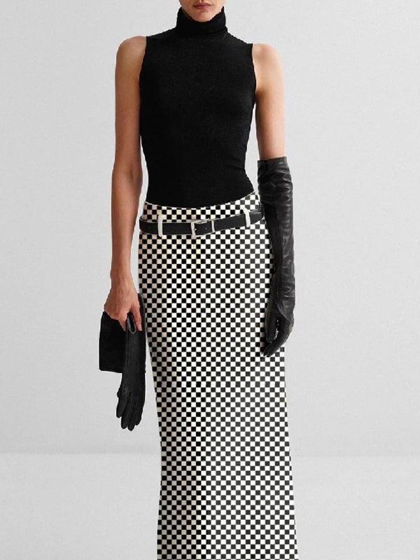 No Belt Plaid Printed Split-back H-line Skirts Bottoms