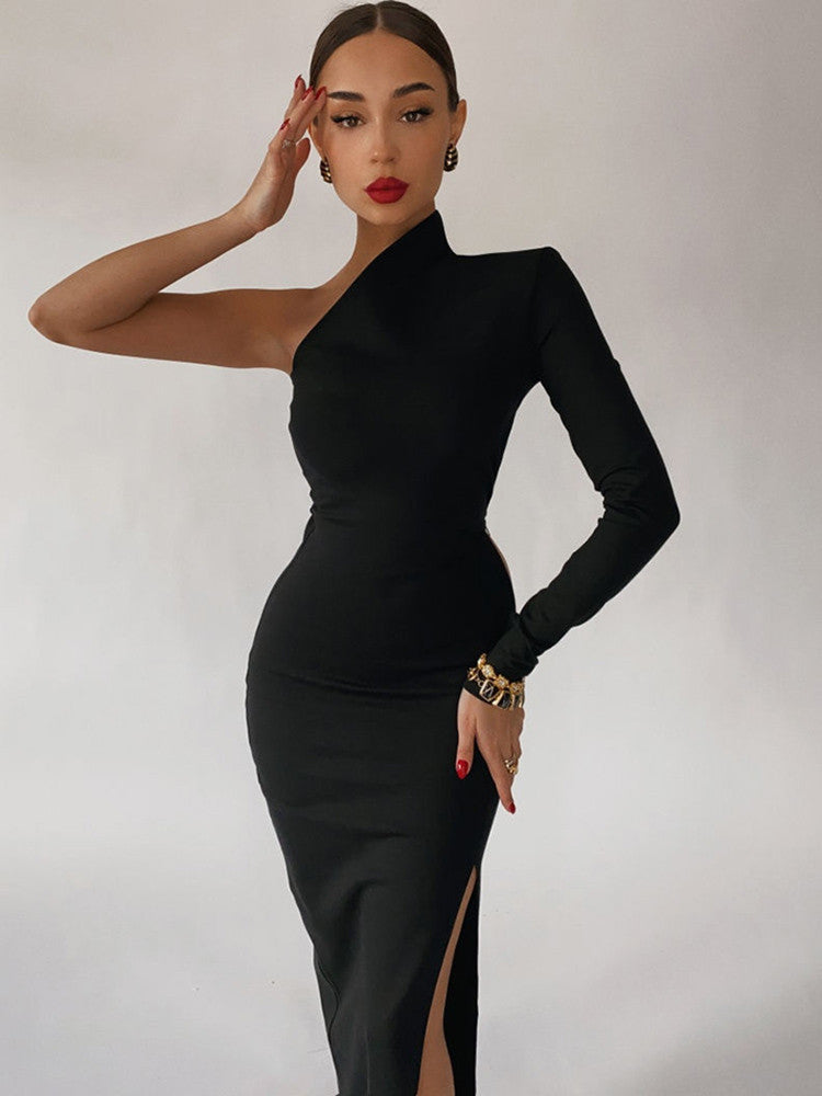 One Shoulder Maxi Black Bodycon Dress