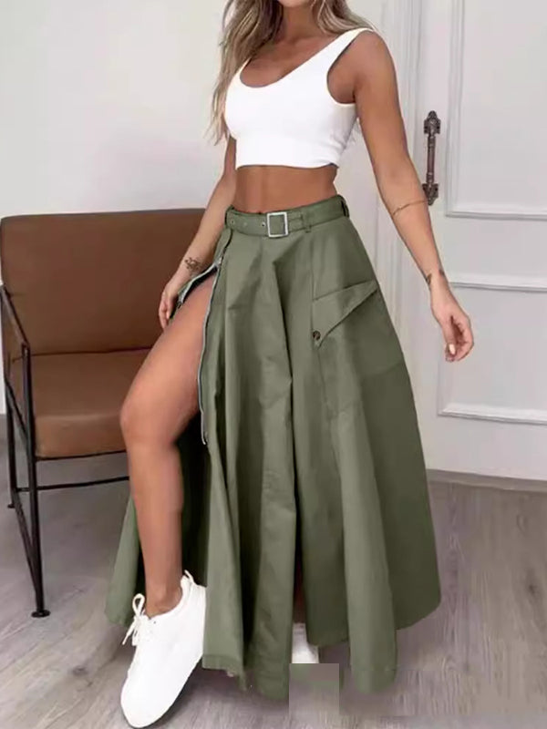 Belted Pockets Split-Joint Split-side Zipper A-line Loose Skirts Bottoms