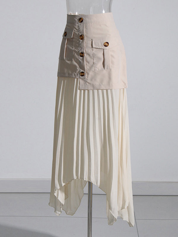Asymmetric Buttoned Pleated Split-Joint Zipper A-Line Loose Skirts Bottoms