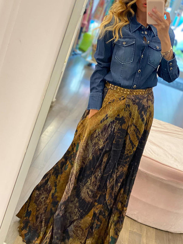 Contrast Color Flower Print Loose Wrap Skirts Bottoms