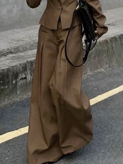 Pleated Split-Joint Striped Loose Wide Leg Trousers Pants